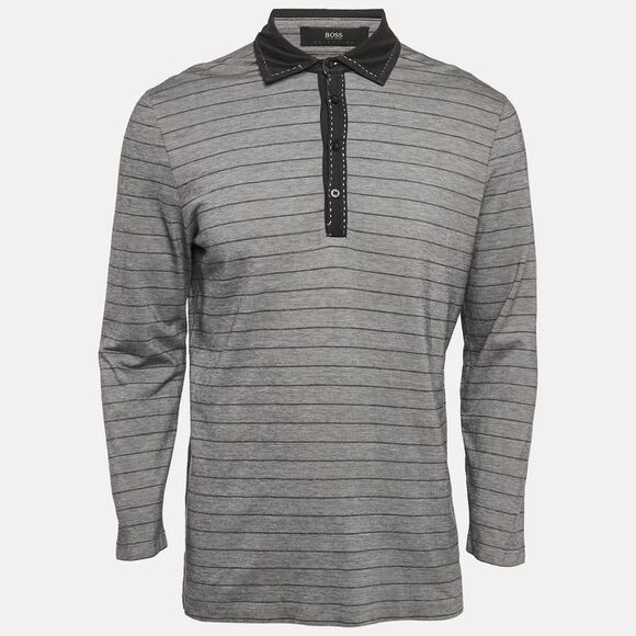 Boss By Hugo Boss Grey Striped Jersey Long Sleeve Polo T-Shirt L